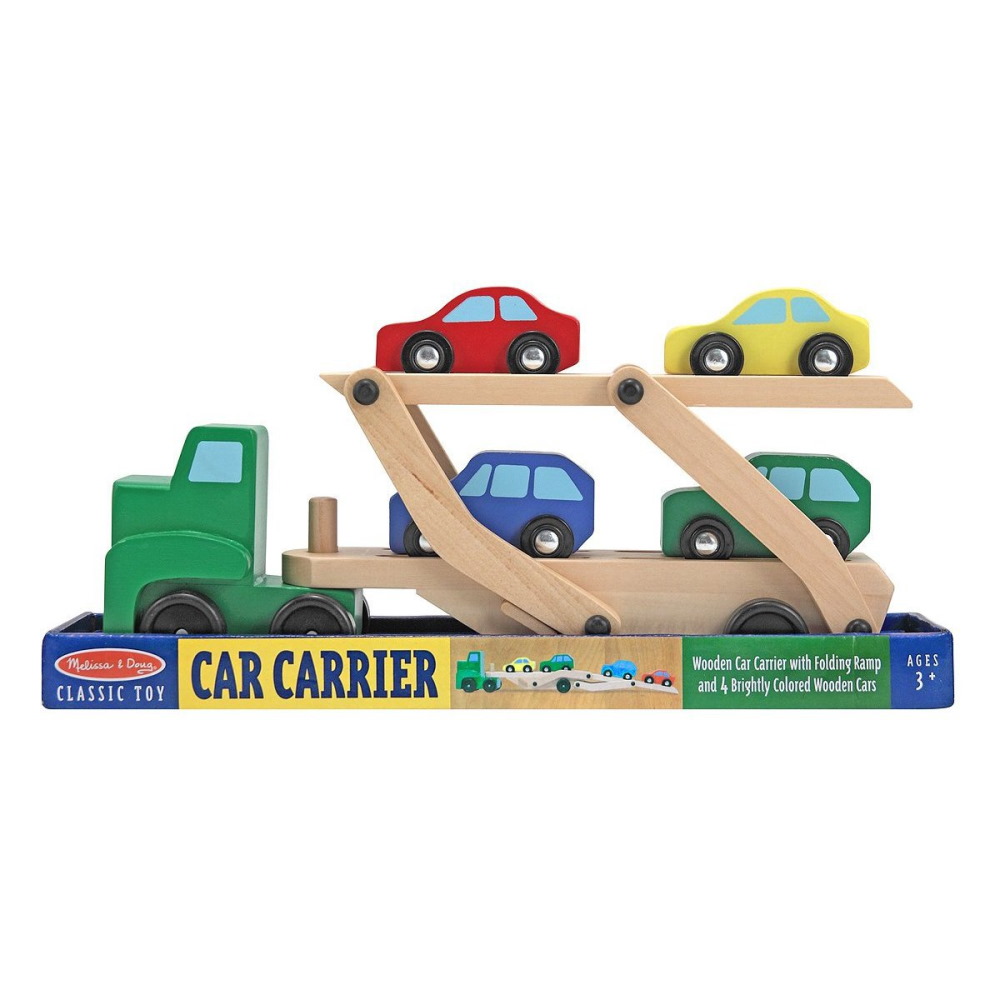 סרטון - צעצוע משאית גרר כולל 4 מכוניות עץ melissa&doug  מליסה ודאג  car carrier