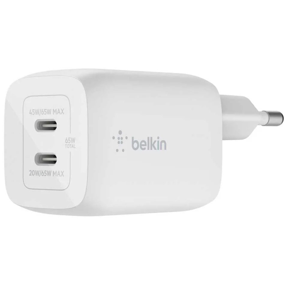מטען קיר כפול Belkin 65W DUAL USB-C GAN &lrm;WCH013vfWH
