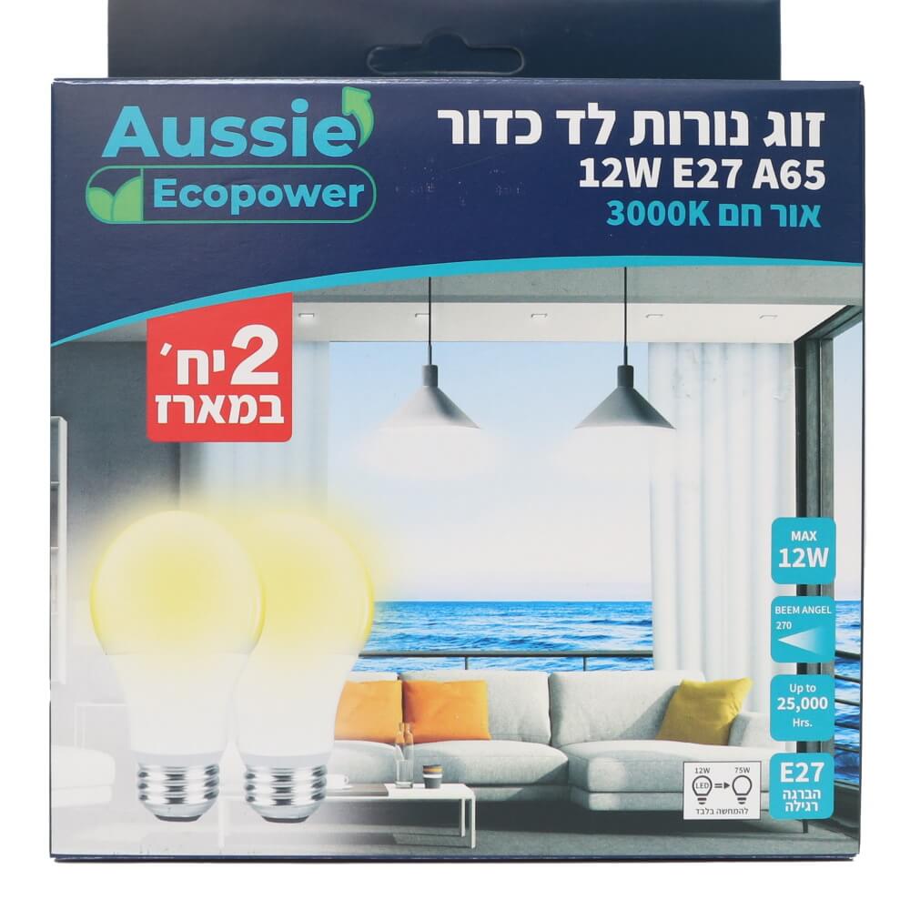 זוג נורות 12W לד E27 A65 3000K - אור חם Aussie Ecopower &lrm;13305