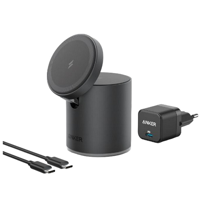 תחנת עגינה וטעינה אלחוטית כולל מטען קיר Anker 20W &lrm;PowerWave Mag-Go 2-in-1 שחור