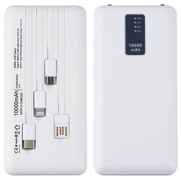 סוללת גיבוי ניידת 10,000mah כולל 4 כבלים נשלפים וצג דיגיטלי p-bank