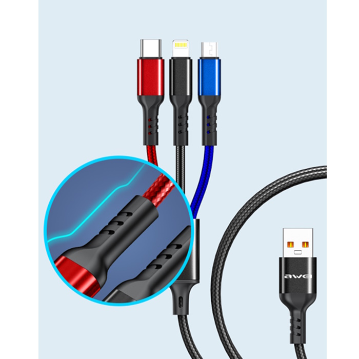 תמונה של כבל טעינה 3 ב-1 type-c/lightning/m לawei usb-a