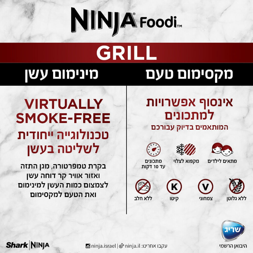 גריל חשמלי ביתי כולל טכנולוגיה ייחודית למזעור בעשן ופאנל תצוגה בעברית ninja grill
