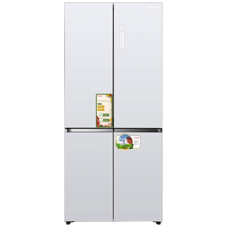 מקרר 4 דלתות - 521 ליטר כולל שעון שבת Aiwa &lrm;AI-NF8400 זכוכית לבנה