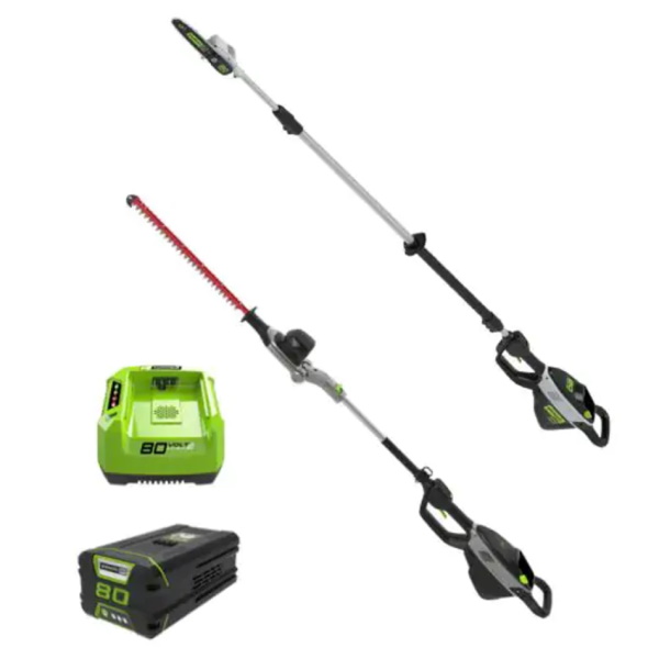 סט מגזמת גובה 80V PRO + מסור גבהים טלסקופי 80V PRO + סוללה 4.0Ah ומטען מהיר Greenworks &lrm;99579/17