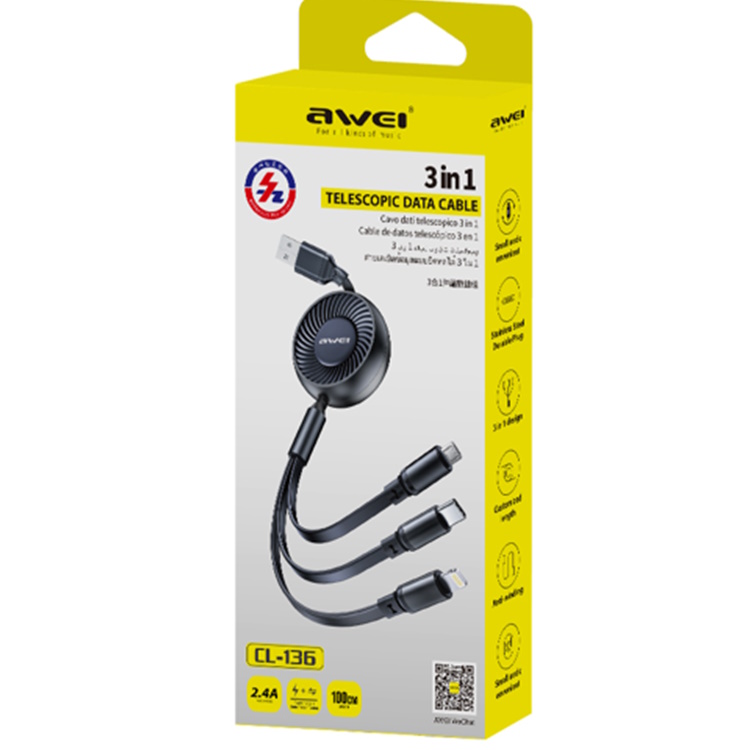 כבל 3 ב-1 type-c/lightning/micro ל awei usb-a