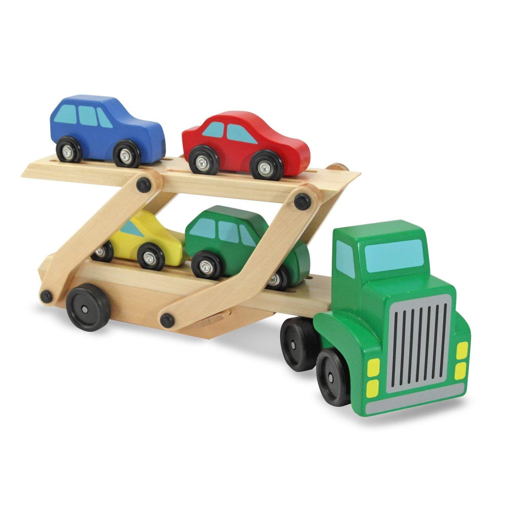 תמונה של צעצוע משאית גרר כולל 4 מכוניות עץ melissa&doug