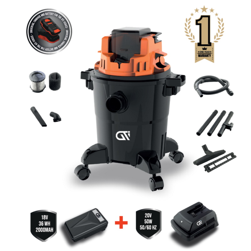 שואב אבק חבית יבש/רטוב נטען + סוללה ומטען GTI &lrm;Ground Vacum - 15L 70043