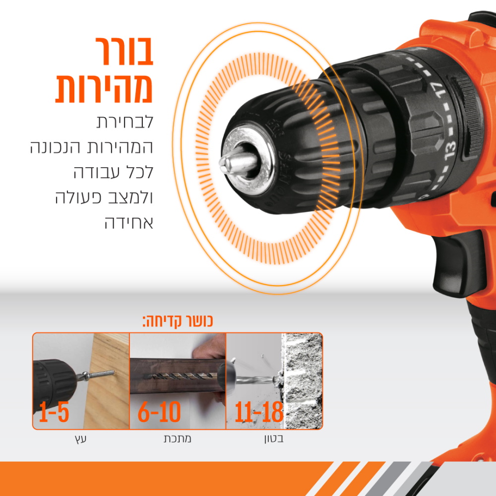 סט מברגה אימפקט נטענת 18v כולל 45 חלקים pure energy