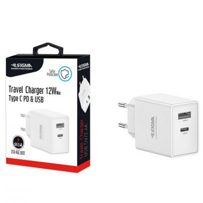 מטען קיר כפול Sigma USB TYPE-A/C 12W &lrm;SM-WC-USB+PD-12W לבן