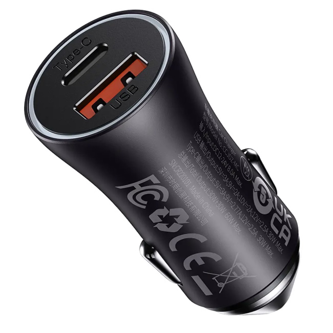 golden contactor max dual car charger u+c 60w gray baseus