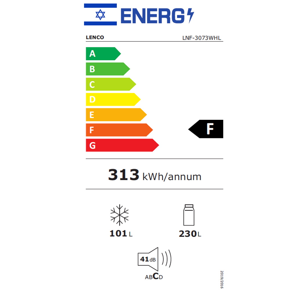 תווית אנרגיה - lnf-3073whl+ כולל קיט חיבור זכוכית לבנה lenco