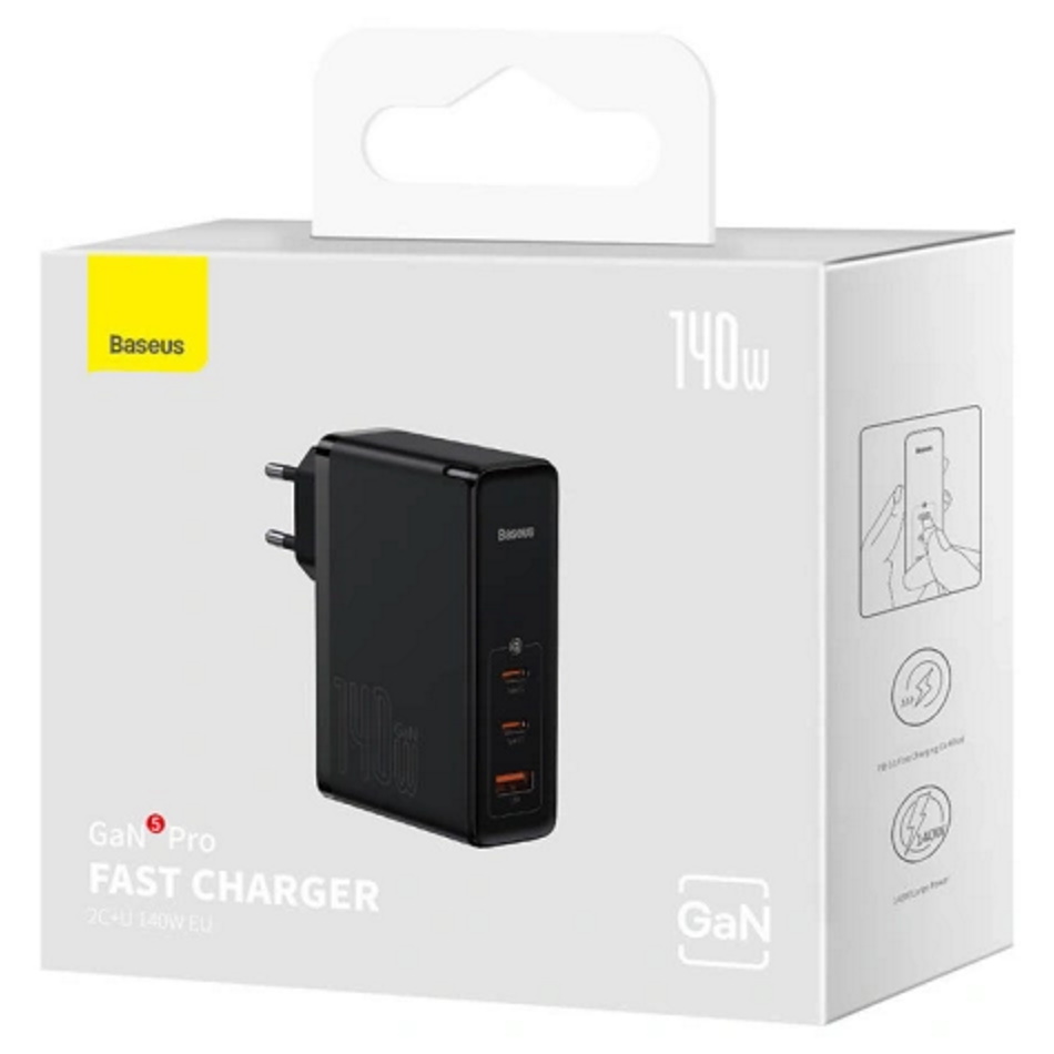 מטען קיר 140w כולל 3 כניסות baseus 2xusb-c + 1xusb