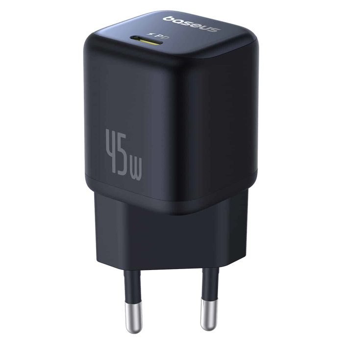 מטען קיר מהיר Baseus USB-C &lrm;PicoGo GaN Fast Charger 1C 45W EU Cosmic Black