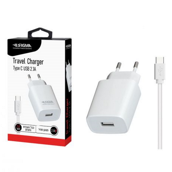 מטען קיר USB TYPE-A 12W כולל כבל Sigma TYPE-C &lrm;SM-WC-1S-TYPEC לבן