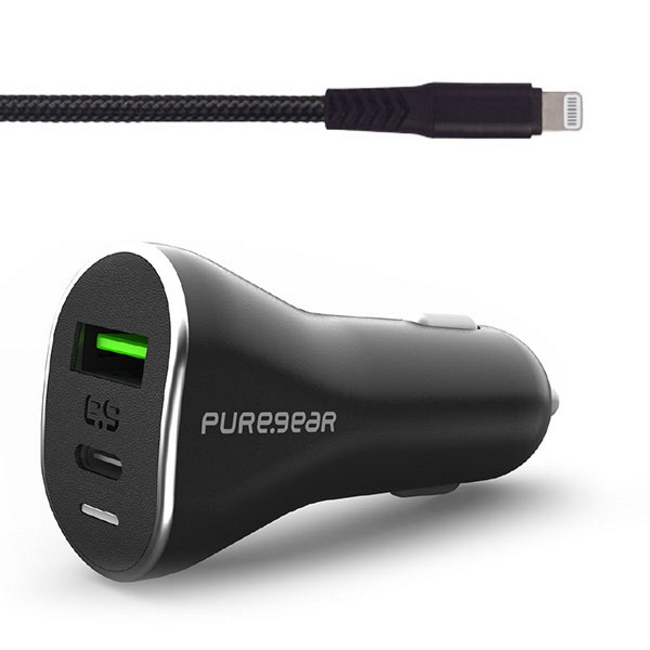מטען מהיר לרכב 48W כולל 2 יציאות וכבל PureGear Lightning &lrm;48W PD 3.0+QC 3 Car Charger + Lightning