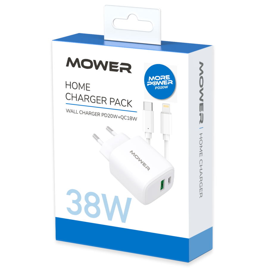 ראש מטען 38W כולל 2 יציאות USB-A+USB-C וכבל Mower Lightning &lrm;572884
