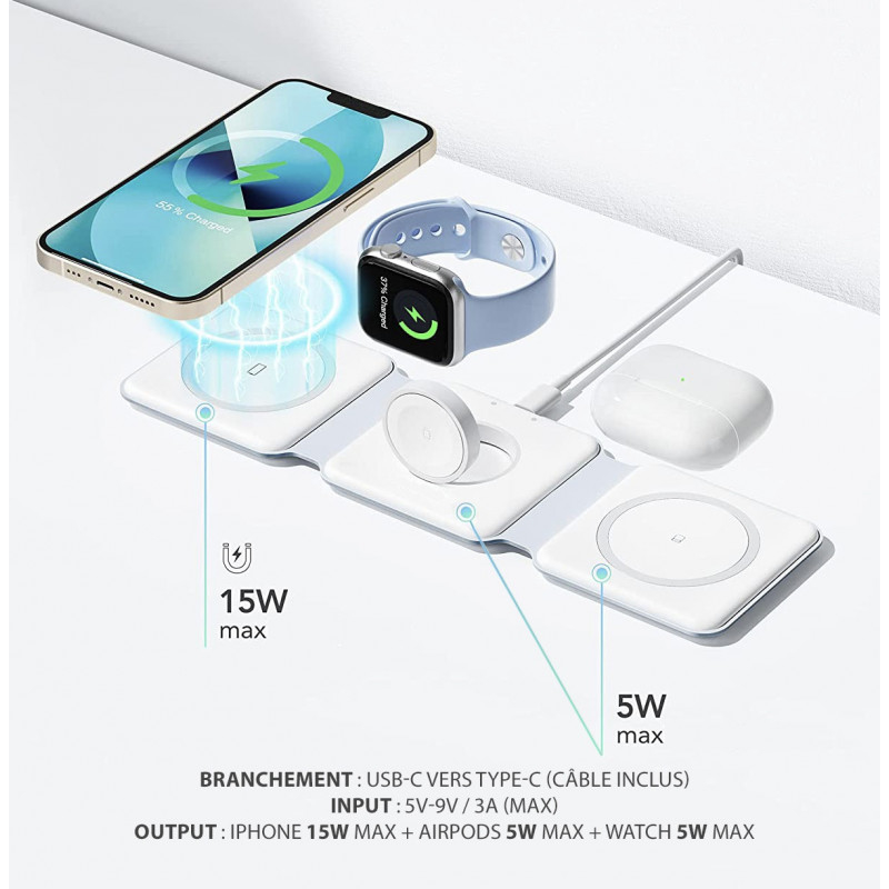 משטח טעינה אלחוטי מתקפל 3 ב-1 choetech iphone, airpods, iwatch 15w+5w magsafe