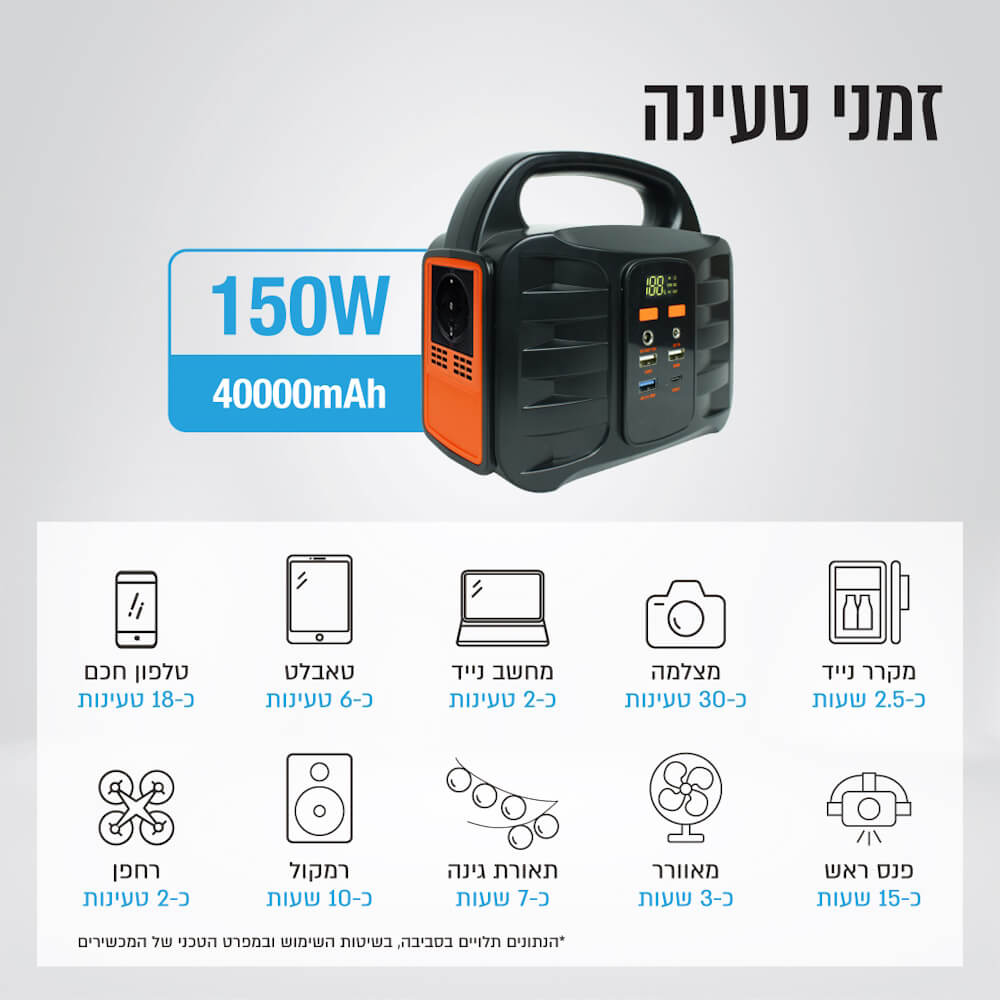 תחנת כוח ניידת 150wh כולל שקע חשמל pure energy