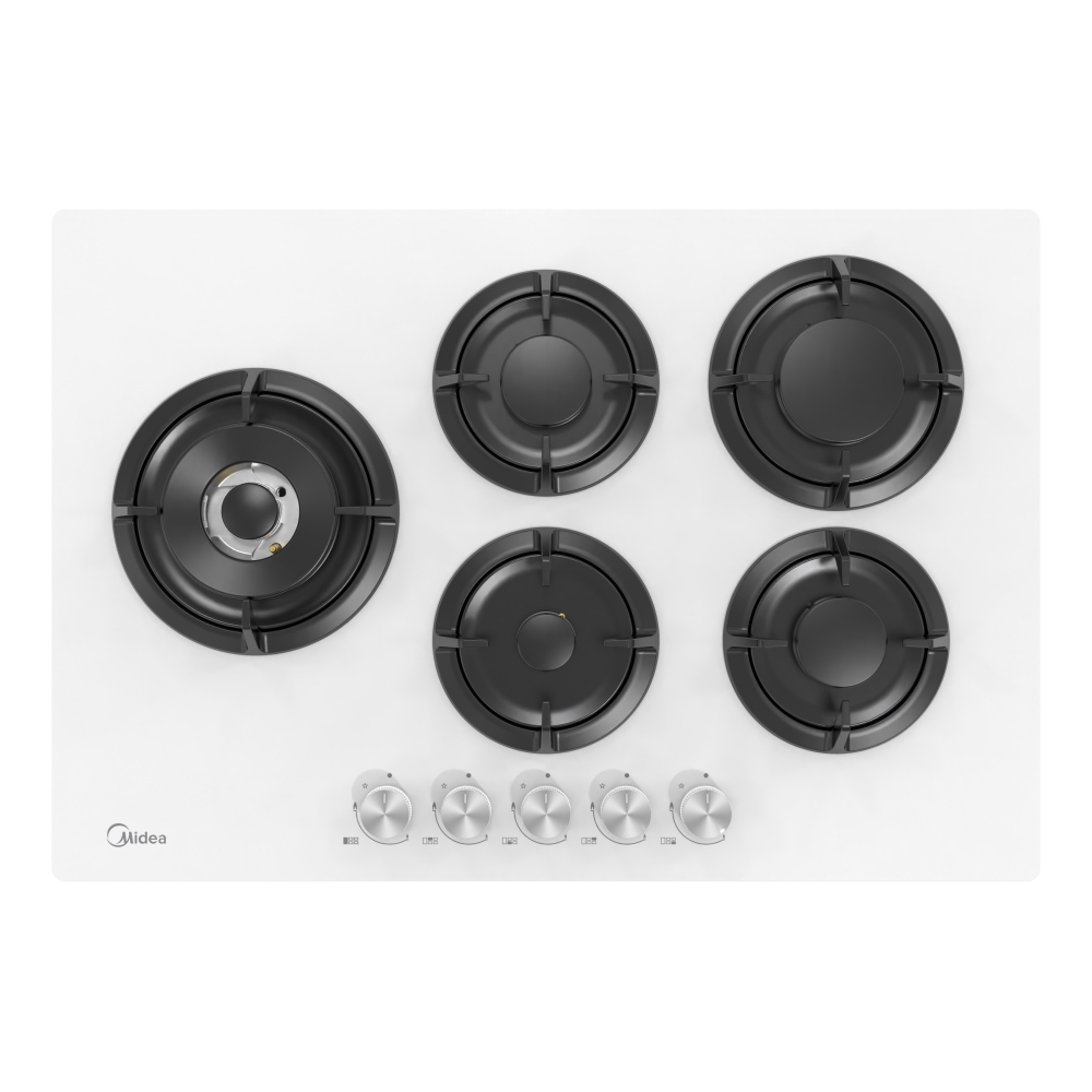 כיריים גז זכוכית 5 להבות - 75 ס״מ Midea &lrm;Defendi 75GP503-W זכוכית לבנה