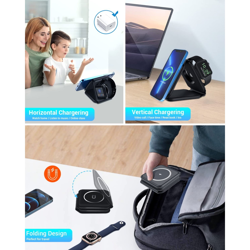משטח טעינה אלחוטי מתקפל 3 ב-1 choetech iphone, airpods, iwatch 15w+5w magsafe