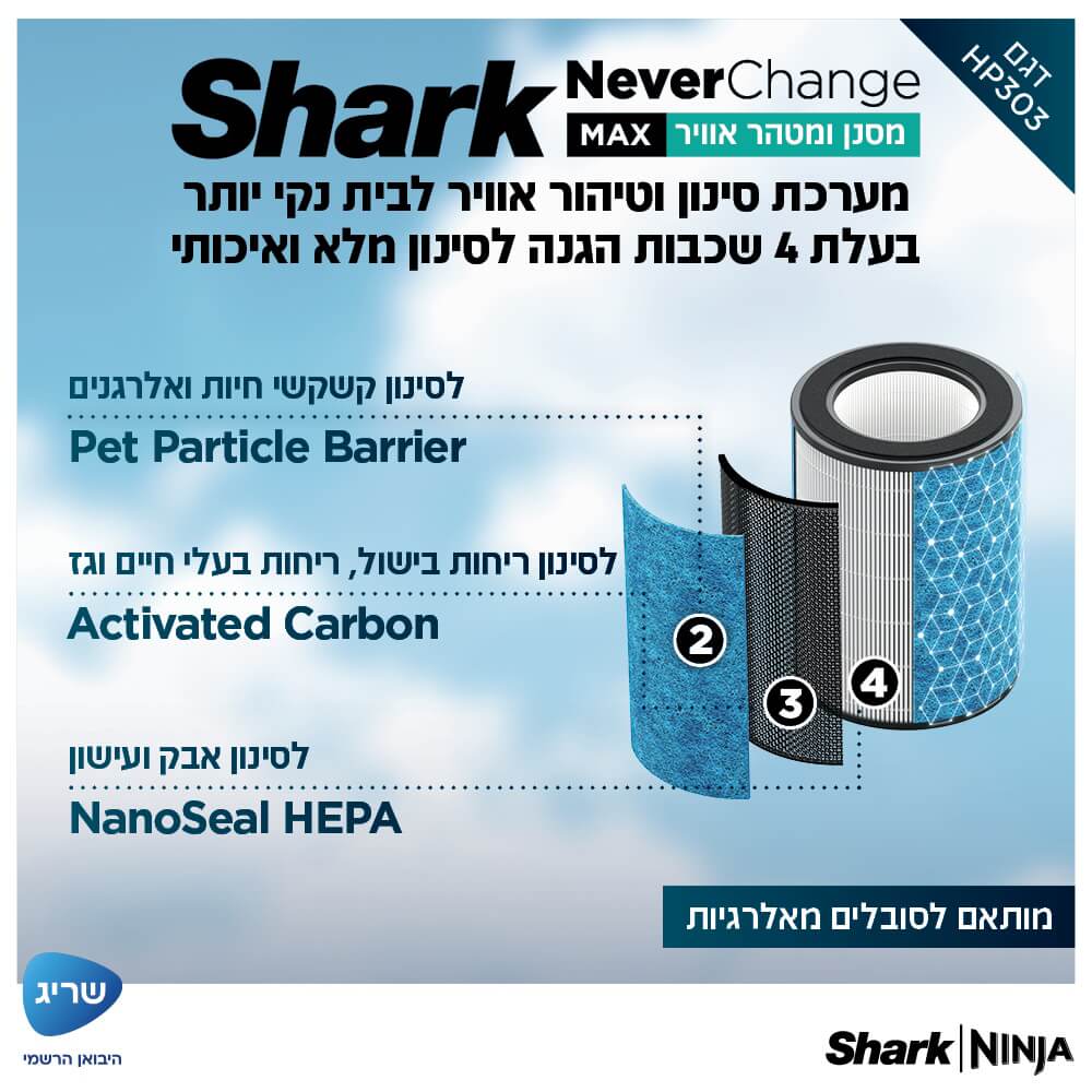 מסנן ומטהר אוויר כולל שלט רחוק shark
