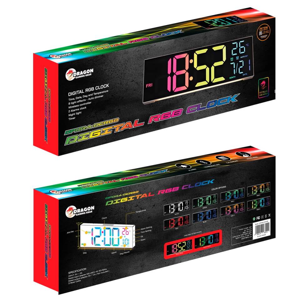 שעון קיר דיגיטלי כולל תאורת rgb ושלט dragon