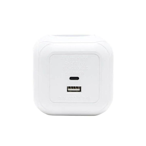 תמונה של מפצל קובייה 4 שקעים כולל 2 חיבורי type-c ו-semicom switch usb
