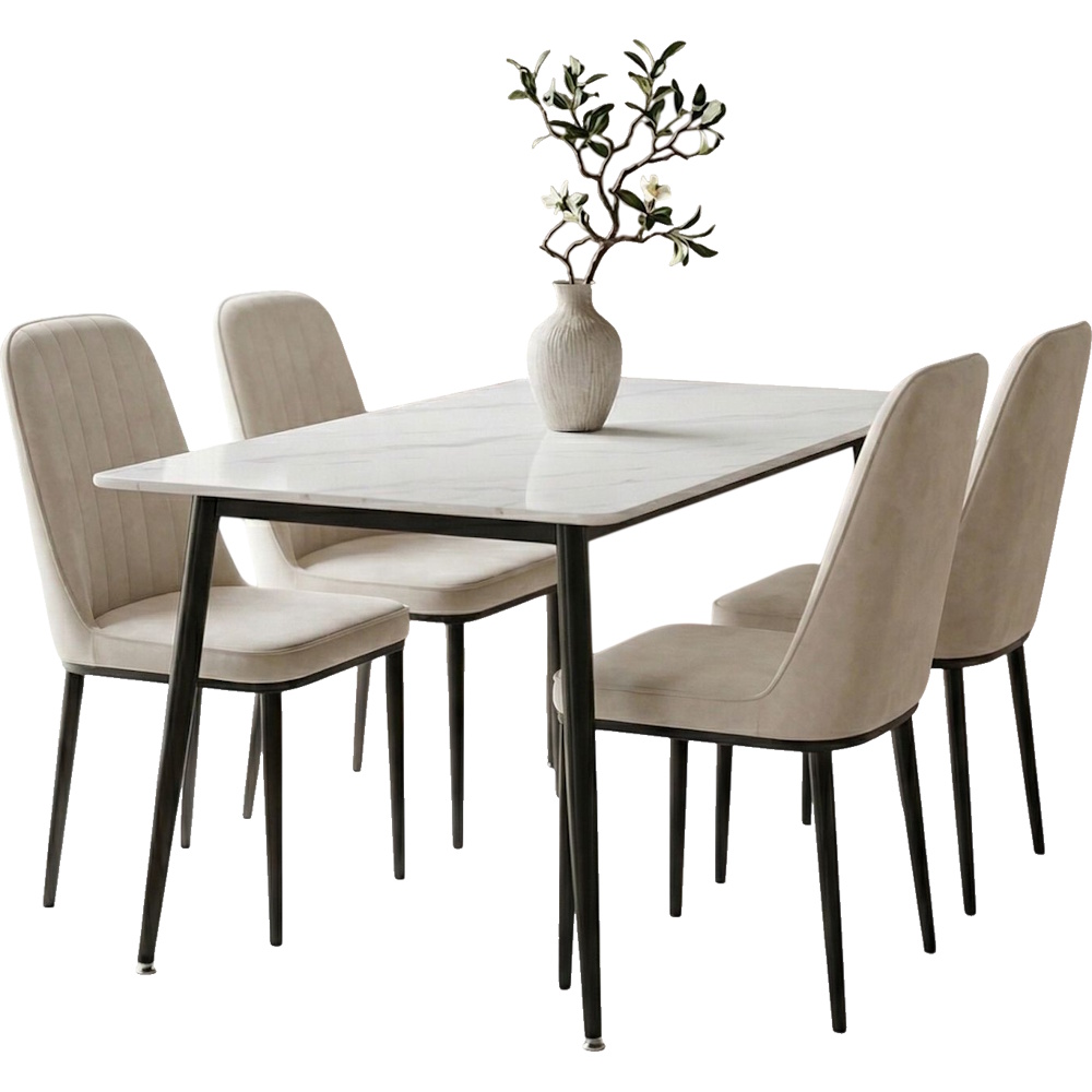 פינת אוכל מעוצבת כולל שולחן קרמיקה ו-4 כסאות Tudo Design &lrm;אוסלו-מונקו - כסאות שמנת