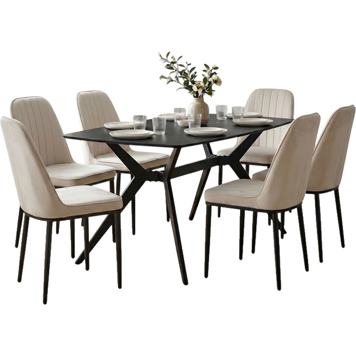 פינת אוכל מעוצבת כולל שולחן קרמיקה ו-4 כסאות Tudo Design &lrm;טוסקנה-מונקו - 6 כסאות שמנת