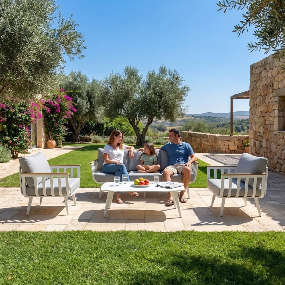 מערכת ישיבה לגינה 2+1+1 כולל שולחן Australia Garden &lrm;Santorini - לבן