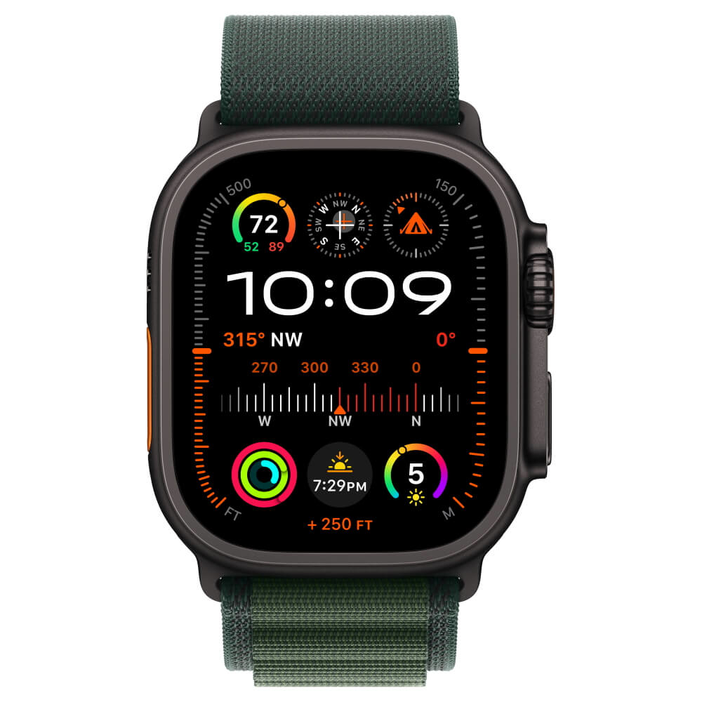 watch ultra 2 gps + cellular 49mm black titanium case with dark green alpine loop - large יבואן רשמי apple