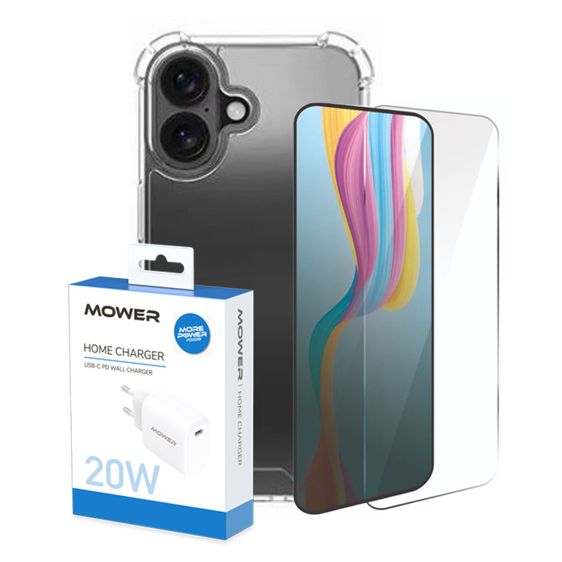מארז ל-iphone 16 plus מטען קיר 20w + כיסוי אחורי שקוף + מגן מסך mower