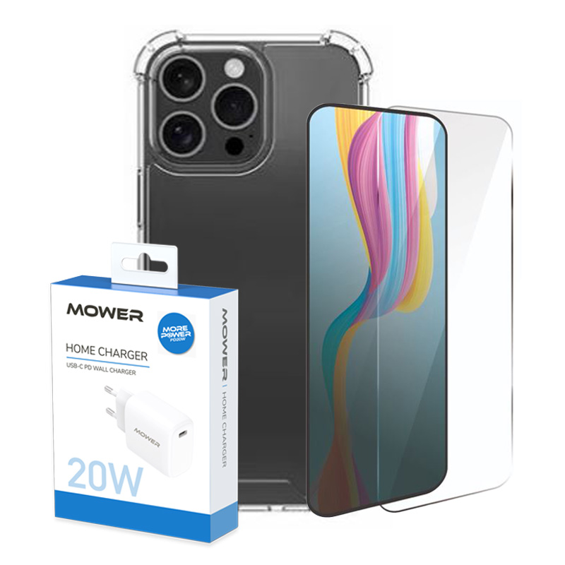 מארז ל-iPhone 16 Pro Max מטען קיר 20W + כיסוי אחורי שקוף + מגן מסך Mower &lrm;kit iPhone 16 Pro Max