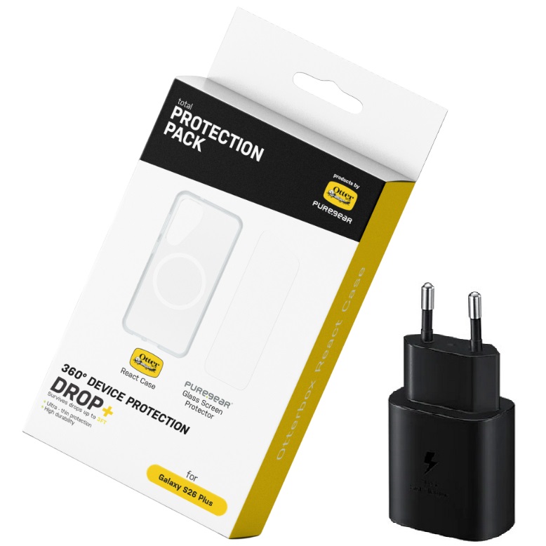 מארז כיסוי אחורי שקוף OtterBox + מגן מסך זכוכית PureGear + ראש מטען 25W &lrm;Galaxy S26+ React Case + PG Glass Kit + Charger