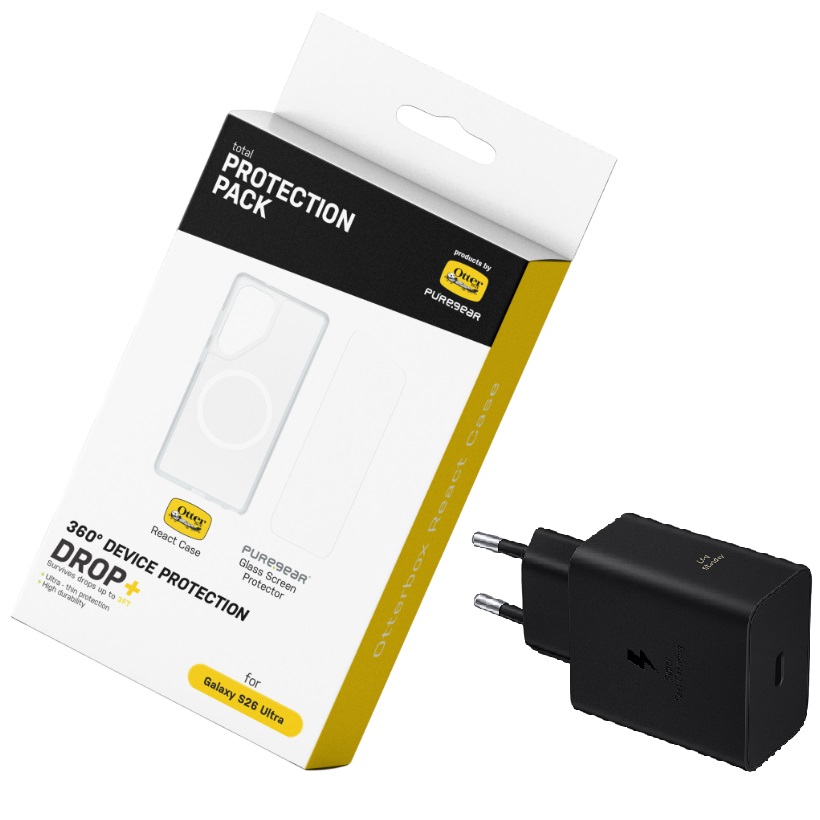 מארז כיסוי אחורי שקוף OtterBox + מגן מסך זכוכית PureGear + ראש מטען 60W &lrm;Galaxy S26 Ultra React Case + PG Glass Kit + Charger