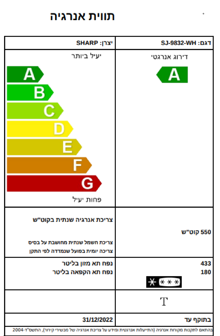 תווית אנרגיה - sj-r9832wh sharp