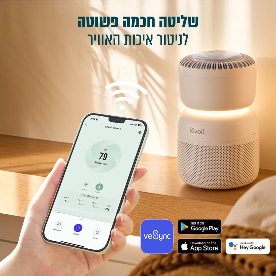 מטהר אוויר חכם לחללים גדולים כולל חיבור לאפליקציה levoit