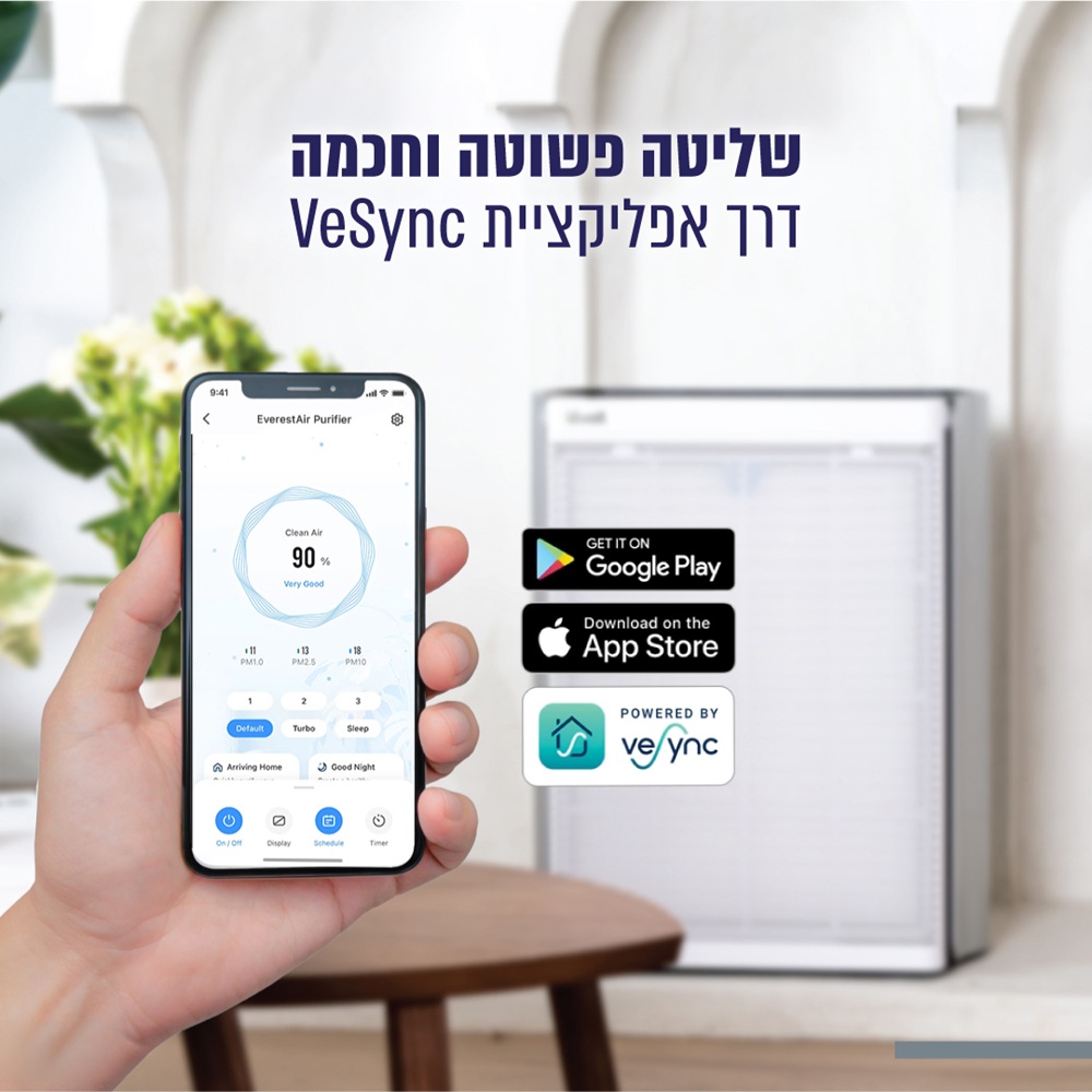 מטהר אוויר חכם לחללים גדולים כולל חיבור לאפליקציה levoit