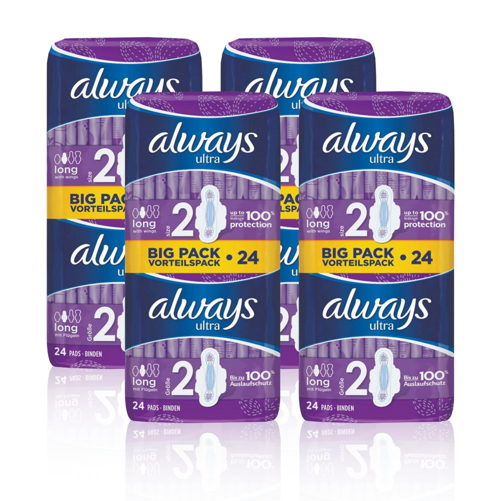 מארז 4 חבילות תחבושות וליו פק (96 יחידות) Always &lrm;Long Plus לונג פלוס (24 יחידות)