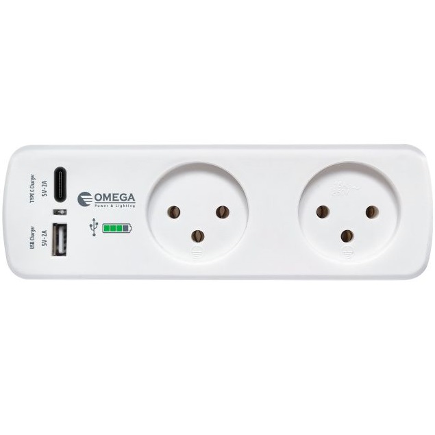 רב שקע 2 שקעים כולל כניסת USB Type-A ו-Omega USB Type-C &lrm;QGT2-2U-C-L
