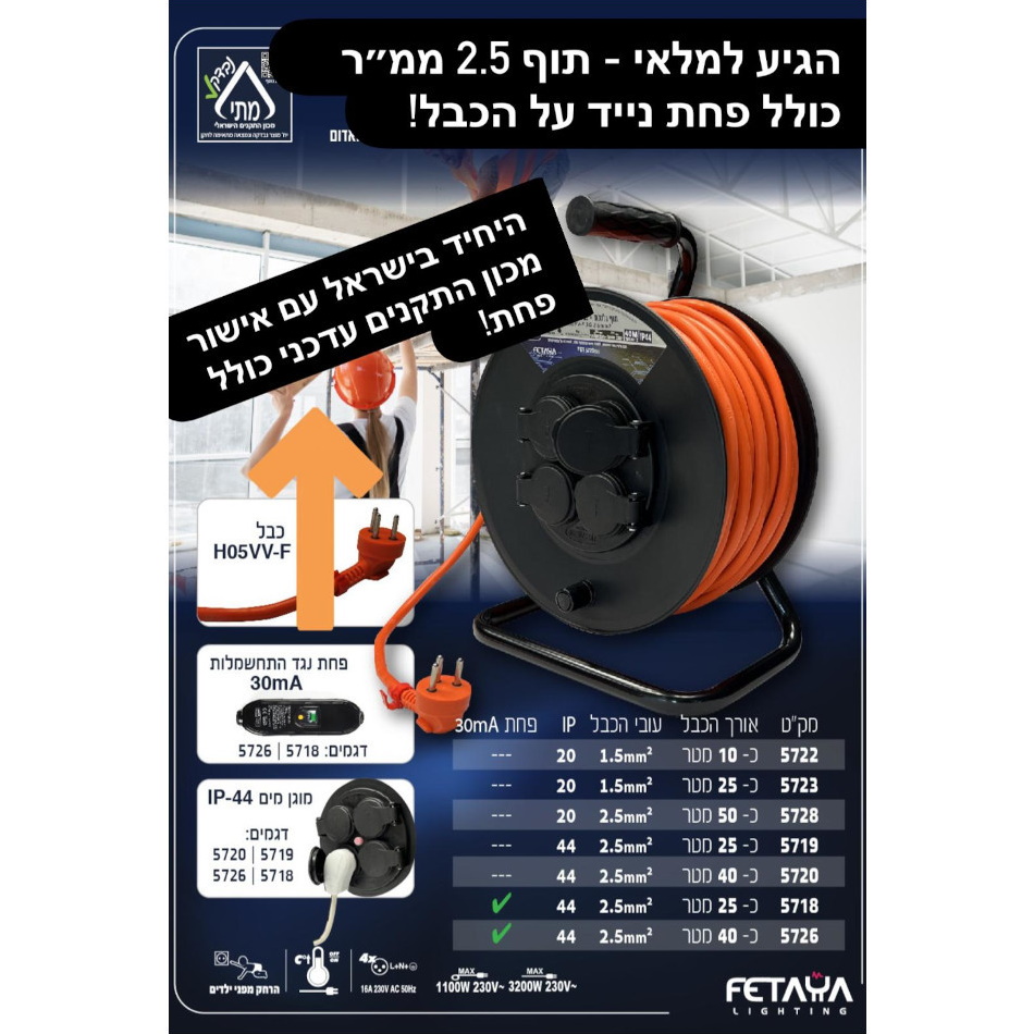 תמונה של תוף כבל מאריך 10 מטר 4 שקעים fetaya
