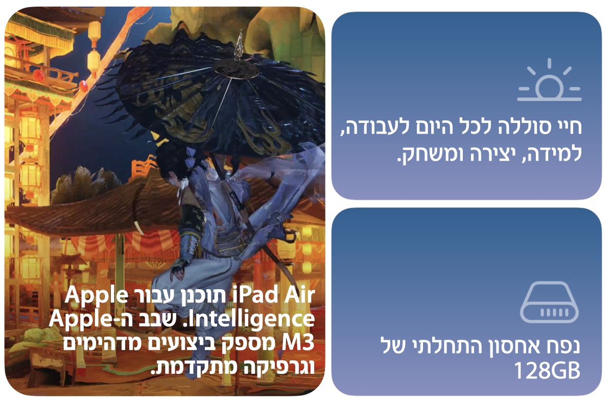 חיי סוללה לכל היום לעבודה, למידה, יצירה ומשחק
נפח אחסון התחלתי של 128GB
iPad Air תוכנן עבור Apple Intelligence.
שבב ה-Apple M3 מספק ביצועים מדהימים וגרפיקה מתקדמת
