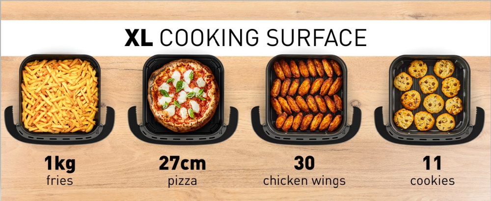 XL cooking surface 
1KG fires
27cm pizza
30 chicken wings
11 cookies