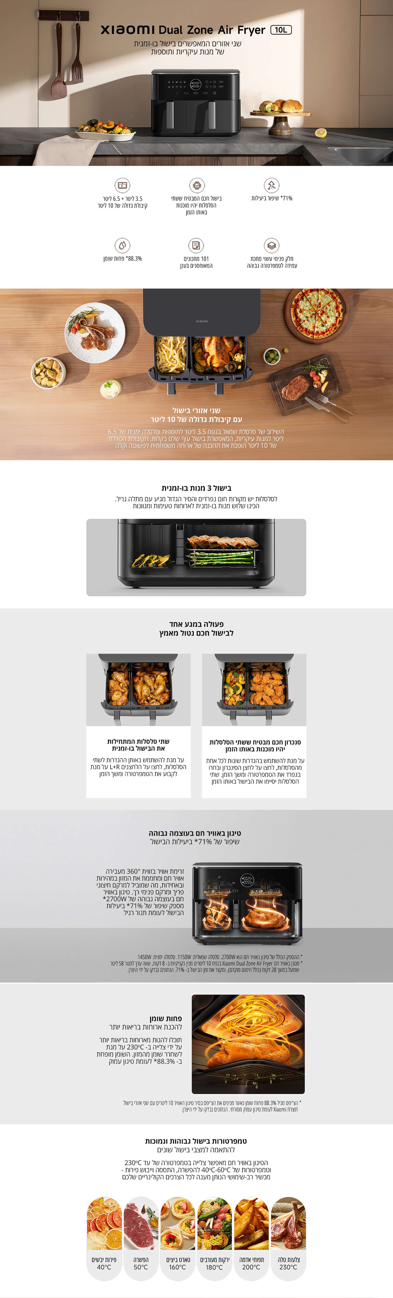 Xiaomi Dual Zone Air Fryer 10L
שני אזורי בישול
בישול ב־3 שכבות
פעולה במגע אחד
סינון אוויר חם בעוצמה גבוהה
פיזור חום שווה
טווח טמפרטורות רחב
תכניות בישול נוספות