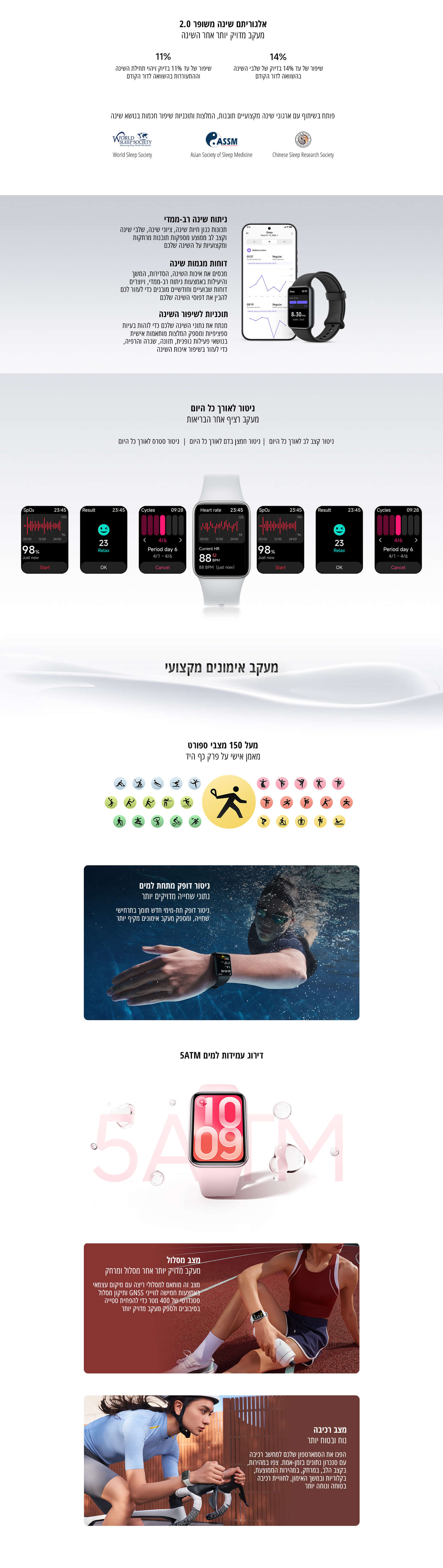 
אלגוריתם שינה משופר 2.0
ניטור שינה רב-ממדי
ניטור לאורך כל היום
מעקב אימונים מקצועי
מעל 150 מצבי ספורט
ניטור דופק מתחת למים
דירוג עמידות למים 5ATM
מצב מסלול
מצב רכיבה