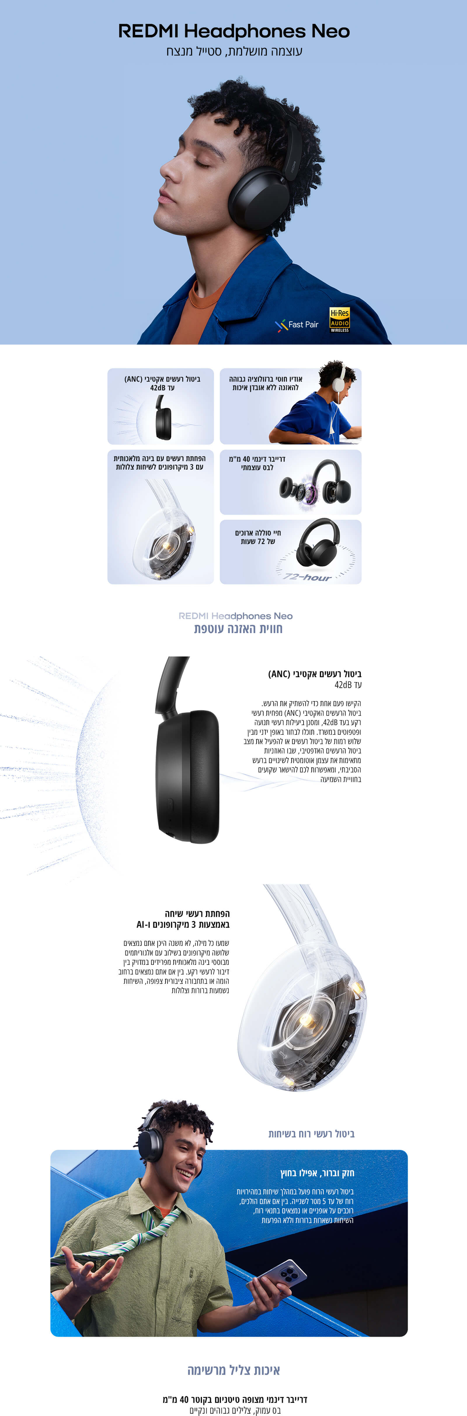 REDMI Headphones Neo
עוצמה מושלמת, סטייל מנצח
ביטול רעשים אקטיבי ANC עד 42dB
אודיו חוטי ברזולוציה גבוהה להאזנה ללא אובדן איכות
הפחתת רעשים עם בינה מלאכותית עם 3 מיקרופונים לשיחות צלולות
דרייבר דינמי 40 ממ לבס עוצמתי
חיי סוללה ארוכים של 72 שעות
REDMI Headphones Neo
חוויית האזנה עוטפת
ביטול רעשים אקטיבי ANC עד 42dB
הפחתת רעשי שיחה באמצעות 3 מיקרופונים ו-AI
ביטול רעשי רוח בשיחות
חזק וברור, אפילו בחוץ
איכות צליל מרשימה
דרייבר דינמי מצופה טיטניום בקוטר 40 ממ
