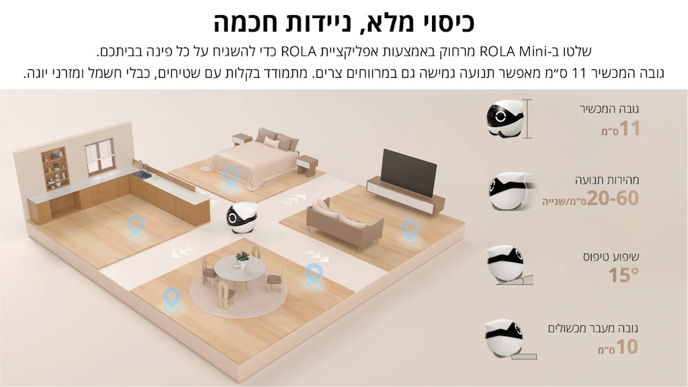 כיסוי מלא וניידות חכמה לשליטה מרחוק והשגחה על כל פינה בבית באמצעות אפליקציה. תנועה חופשית גם במרחבים צרים עם התמודדות עם שטיחים כבלים ומדרגות נמוכות. גובה המכשיר 11 סנטימטר לתנועה מתחת לרהיטים. מהירות תנועה 20 עד 60 סנטימטר לשנייה לניווט יעיל. שיפוע טיפוס עד 15 מעלות להתמודדות עם מכשולים. מעבר מעל מכשולים עד 10 מילימטר לניידות חלקה