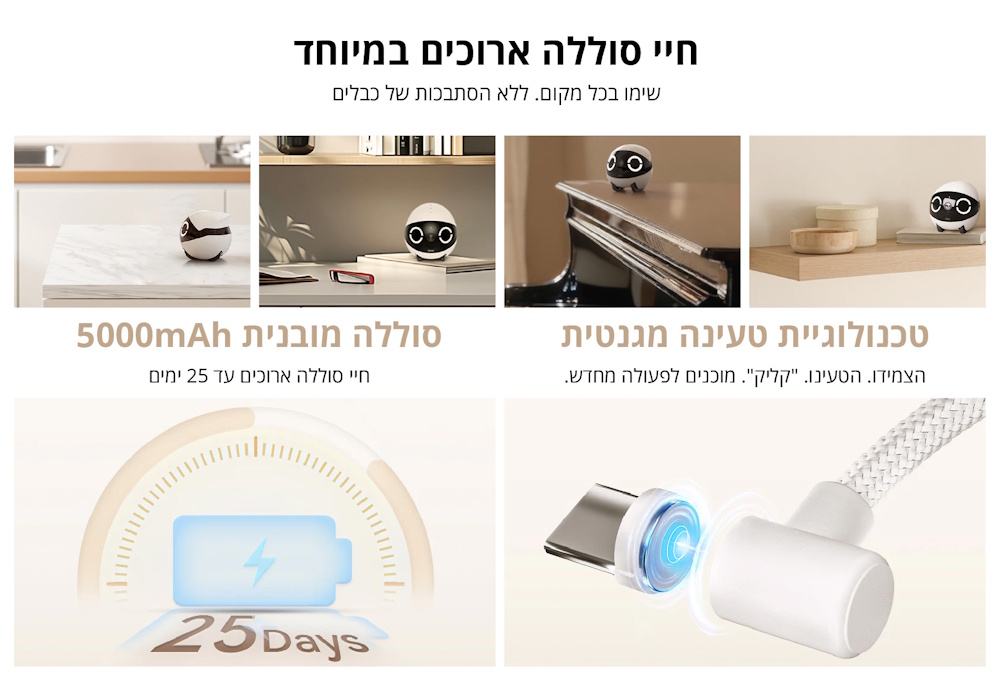 חיי סוללה ארוכים במיוחד לשימוש בכל מקום ללא תלות בכבלים. סוללה מובנית 5000 מיליאמפר לשימוש עד 25 ימים בין טעינות. טעינה מגנטית נוחה ומהירה לחיבור קל והפעלה מחדש במהירות