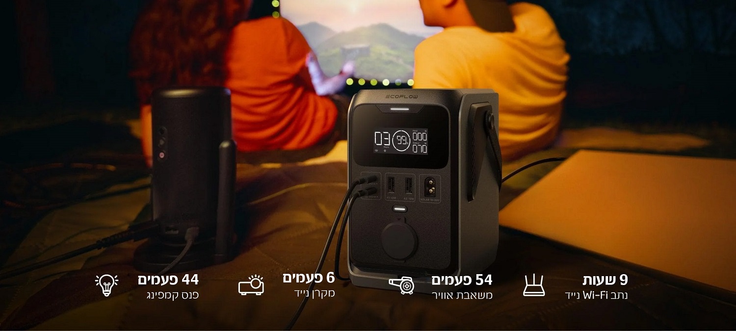 9 שעות נתב WIFI לנייד
54 פעמים משאבת אוויר
6 פעמים מקרן נייד
44 פעמים פנס קמפינג

